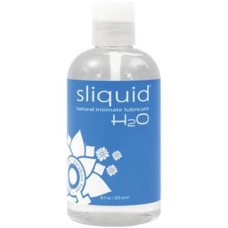 Clear bottle of lube with a blue label. White letters spell out Sliquid H2O